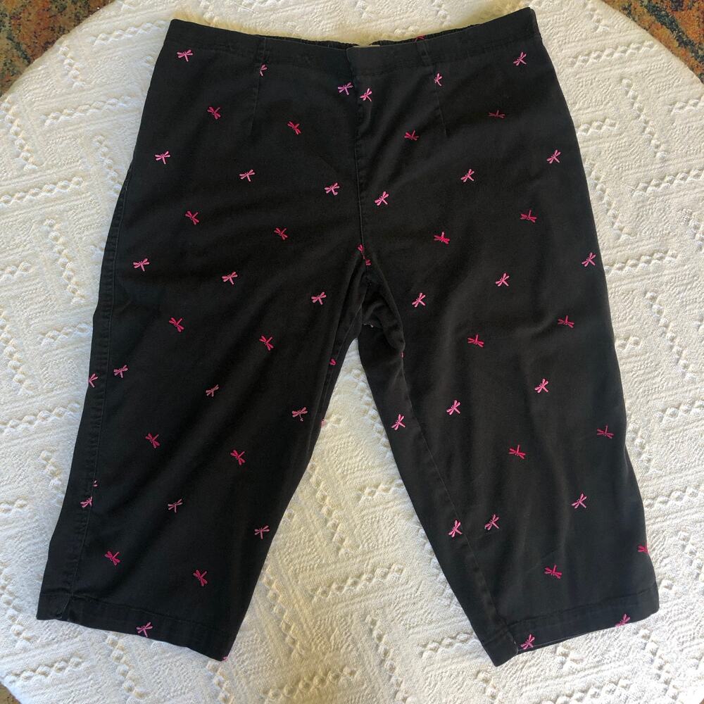 White Stag Capri‎ Pants Black Dragonfly Embroidered Elastic Back Womens 18 Y2K
